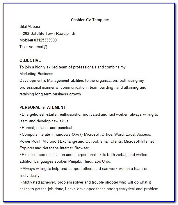 Professional Cv Template For Cashier