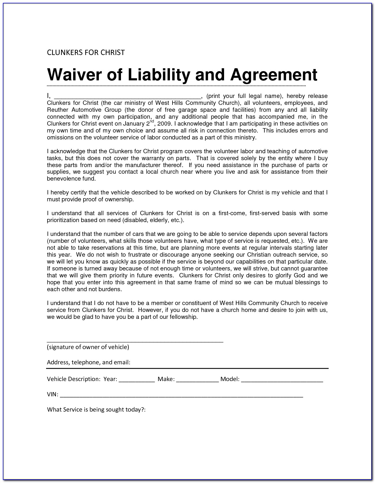 Release And Waiver Of Liability Agreement Template