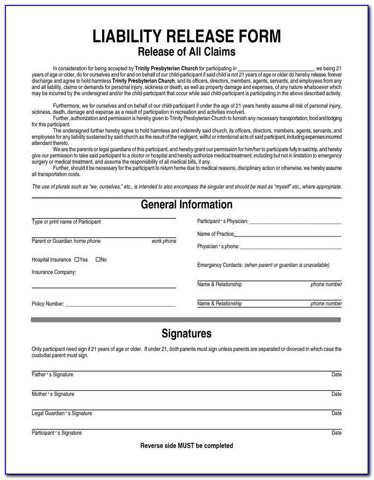 Release Of Liability Form Template