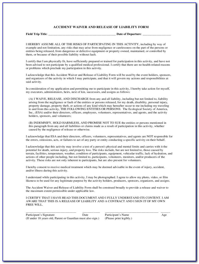 Release Of Liability Waiver Form Pdf