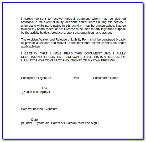 Release Of Liability Waiver Form