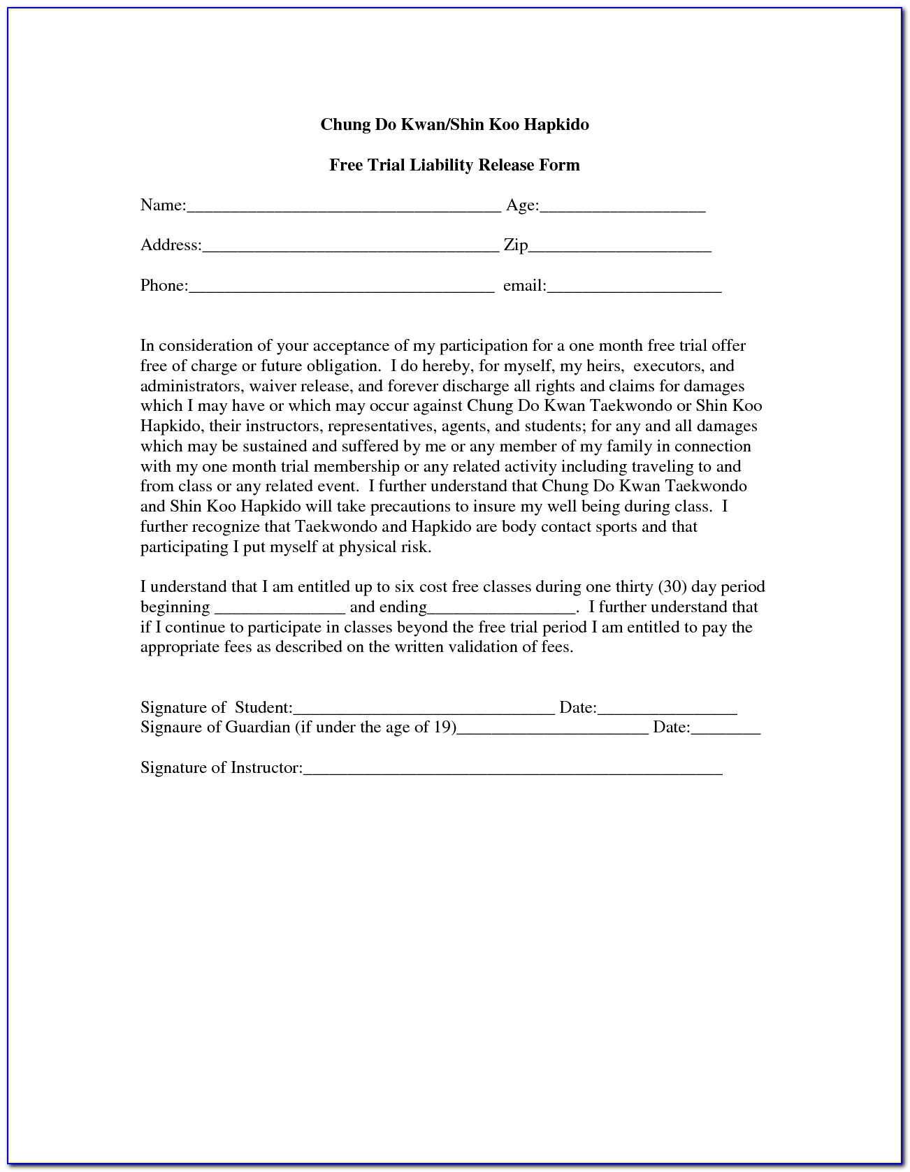 Release Of Liability Waiver Template Free