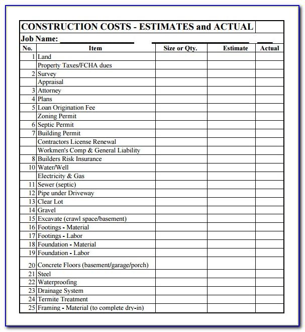 Residential Construction Estimate Template Excel