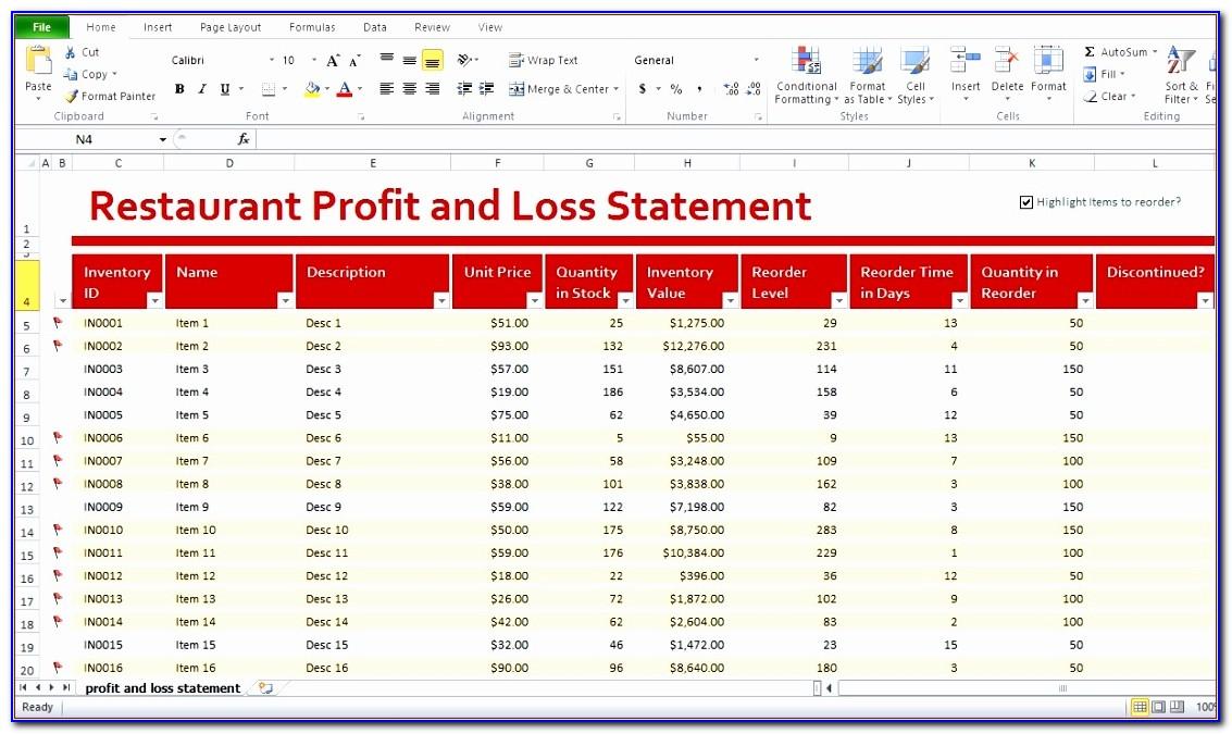 Restaurant Profit And Loss Statement Excel Template