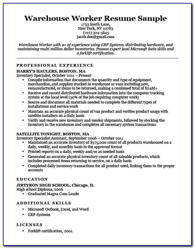 Resume Examples Warehouse Worker