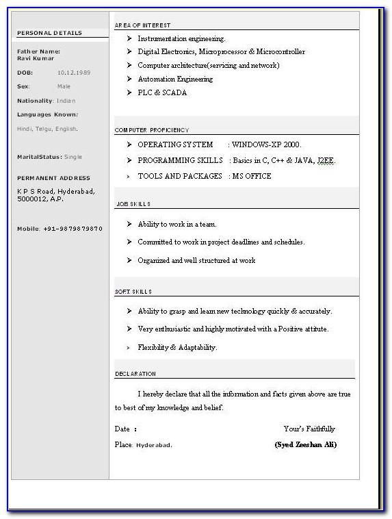 Resume Format Pdf Download For Freshers Bca