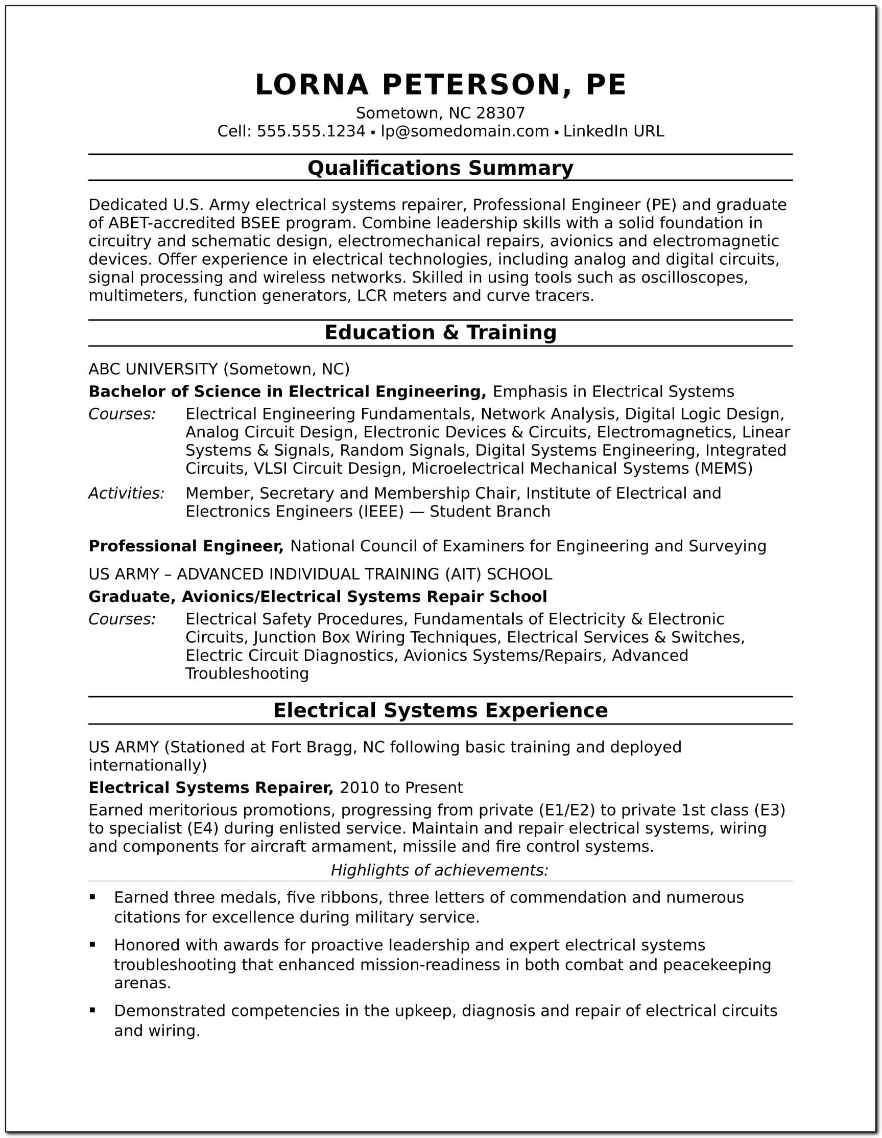 Resume Samples For Electrical Job