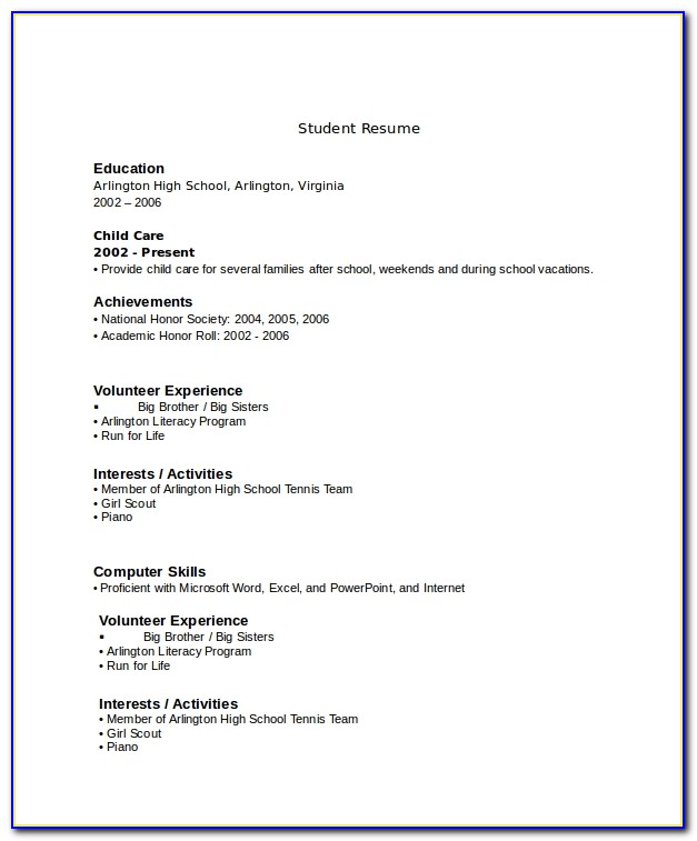 Resume Template For High School Student Applying To College
