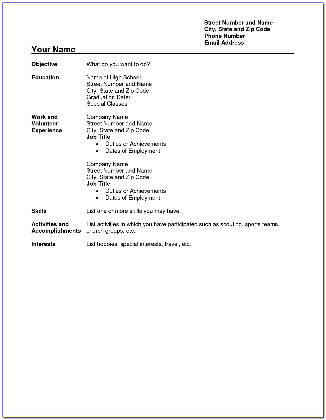 Resume Template For High Schoolers