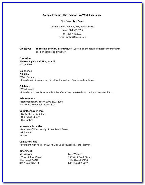 Resume Template For Highschool Students With No Work Experience