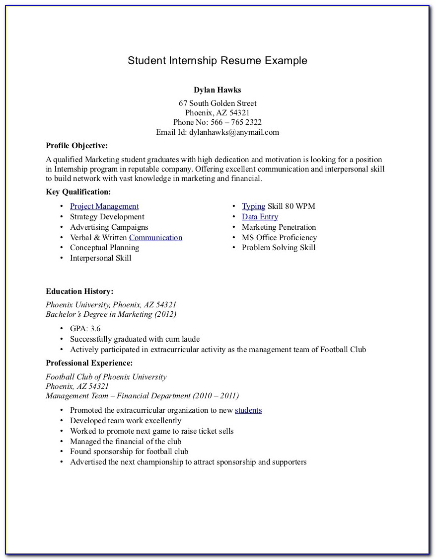 Resume Template For Internship For College Students