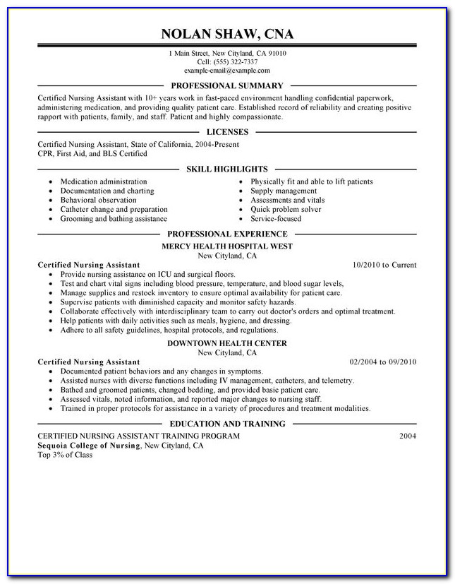 Resume Template For Nursing Aide
