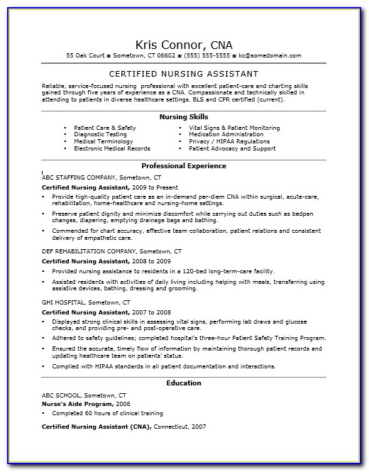 Resume Template For Nursing Assistant