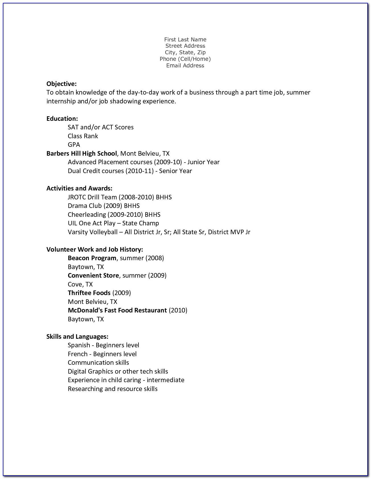 Resume Template For Teenager First Job