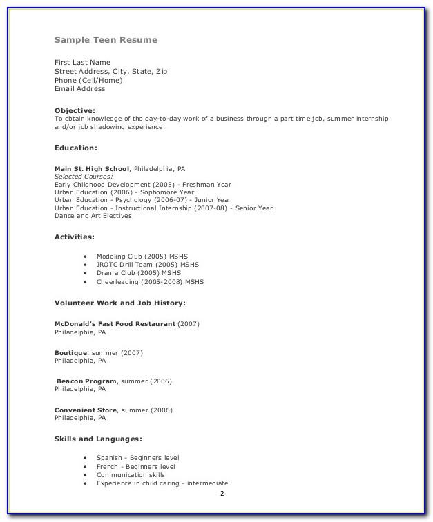 Resume Template For Teenagers