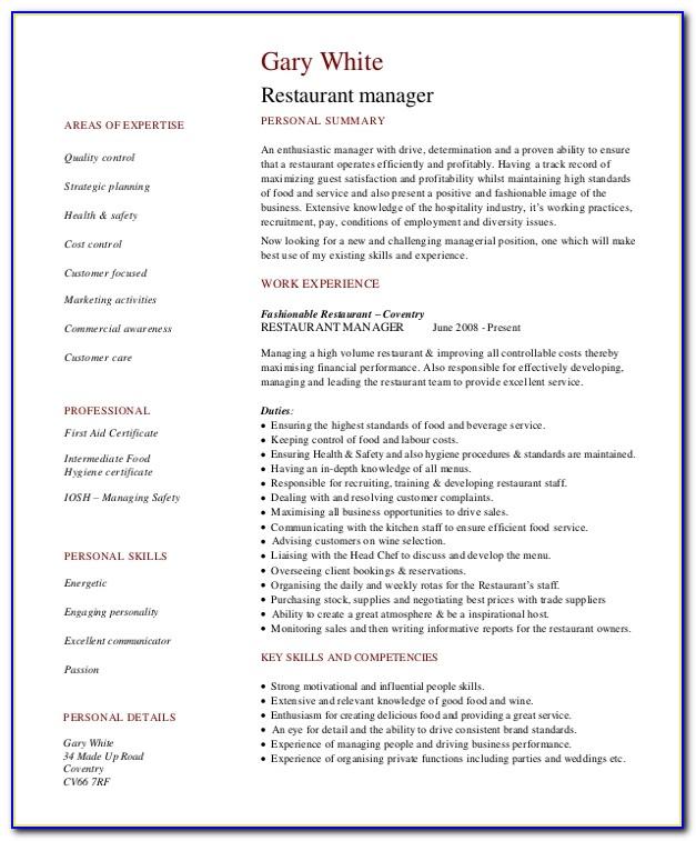 Resume Template Restaurant General Manager