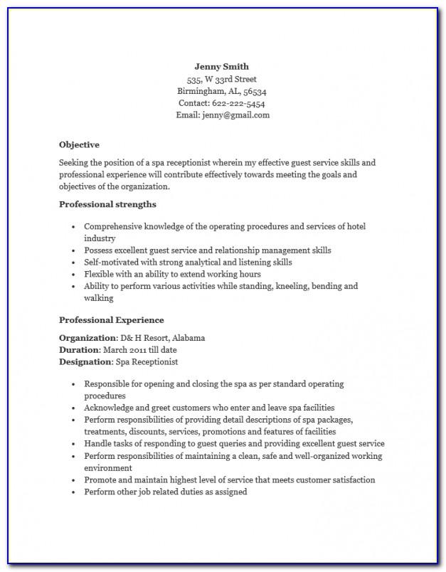 Resume Templates For Spa Receptionist