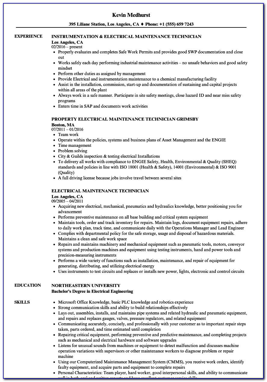 Sample Resume For Electrical Maintenance Technician Pdf