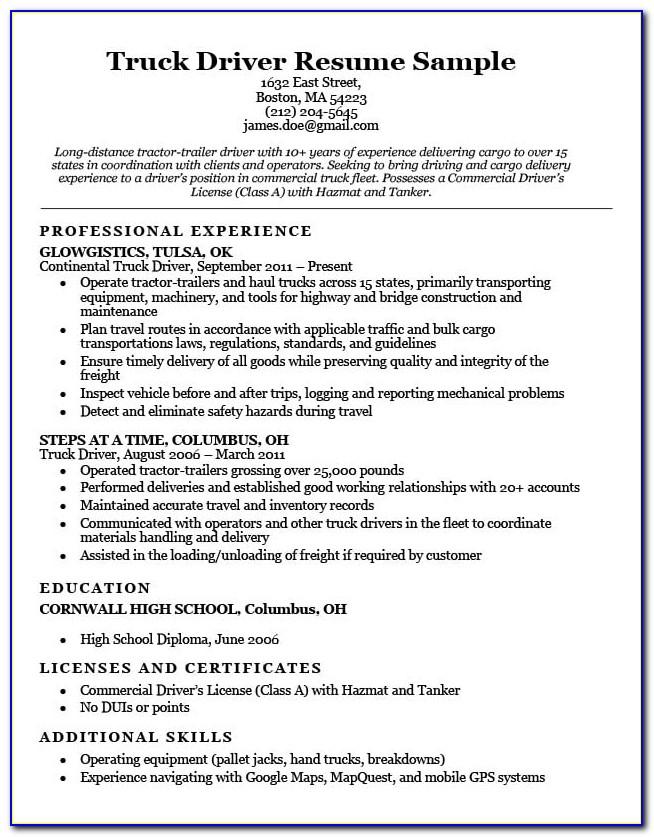 Sample Resume For Truck Driver With Experience