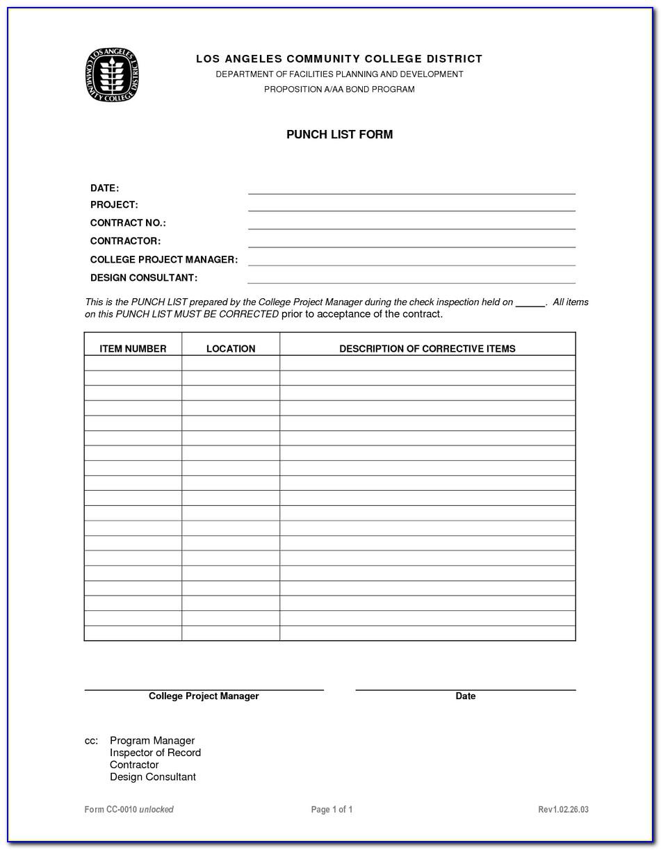 Free Printable Punch List Template