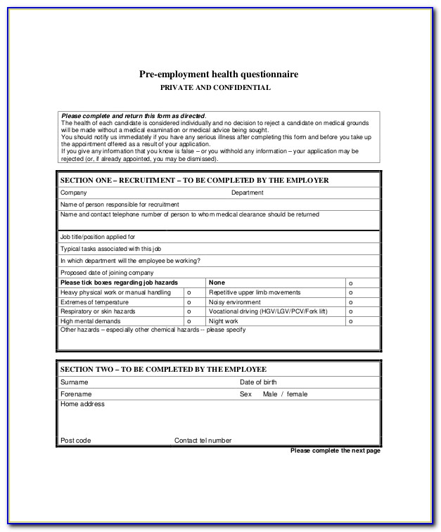 Nhs Pre Employment Health Questionnaire Template