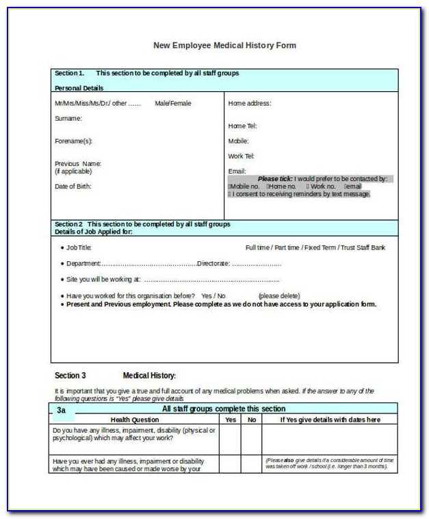 Pre Employment Medical Questionnaire Form