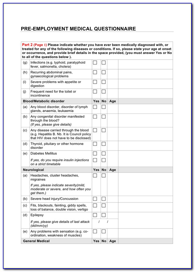 Pre Employment Questionnaire Template Nz