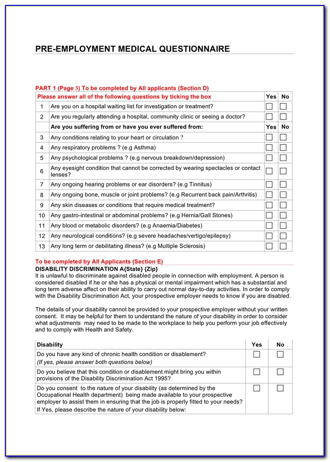 Pre Employment Questionnaire Template