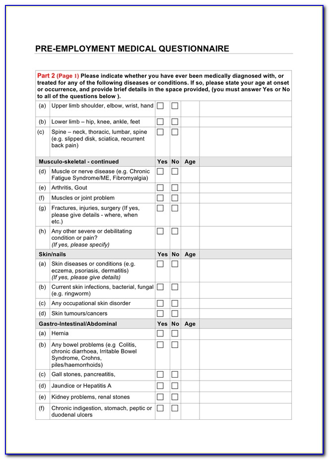 Pre Employment Screening Questionnaire Template
