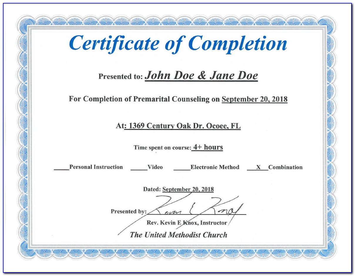 Premarital Counseling Certificate Of Completion Florida Template