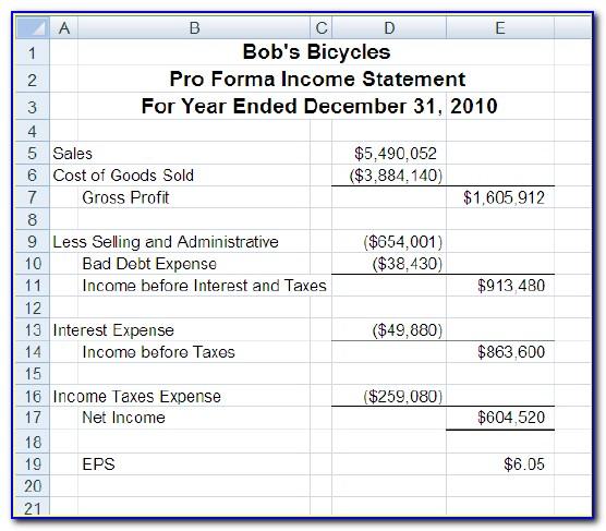 Pro Forma Profit And Loss Statement Excel