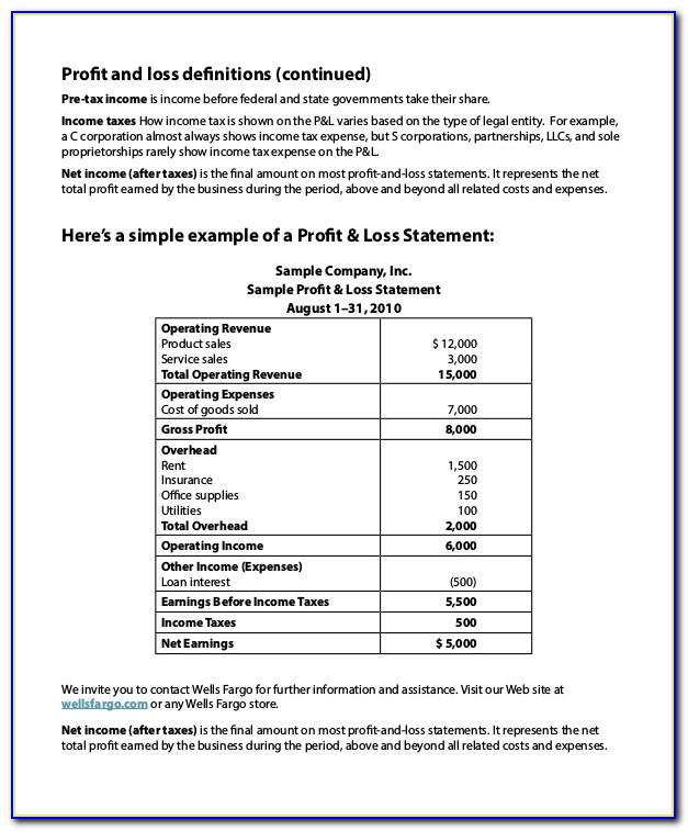 Profit And Loss Statement For Small Business Excel