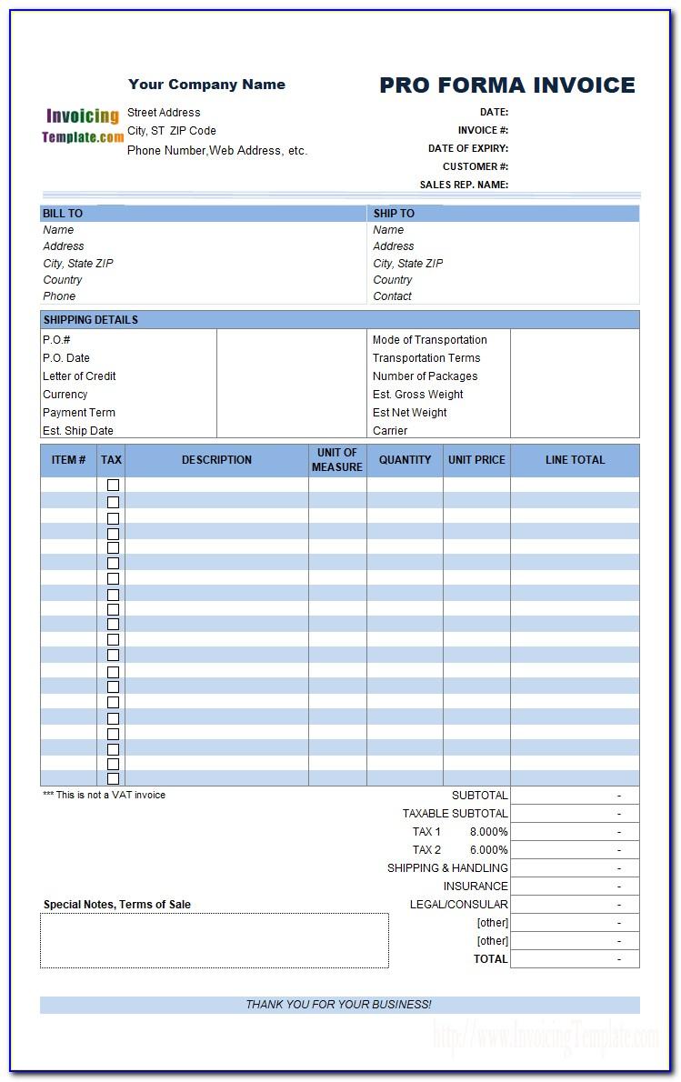Proforma Invoice Templates Excel
