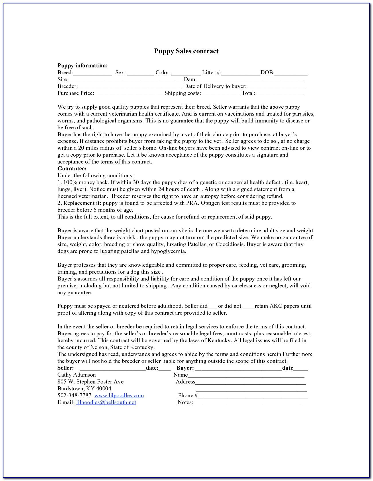 Puppy Bill Of Sale Contract Template