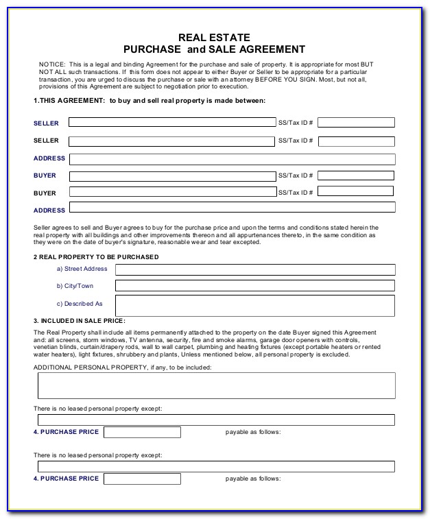 Purchase And Sales Agreement Form For Real Estate