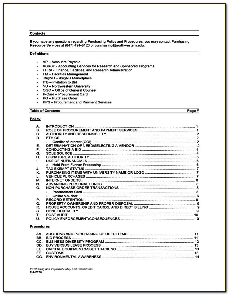 Purchasing Department Policies And Procedures Template