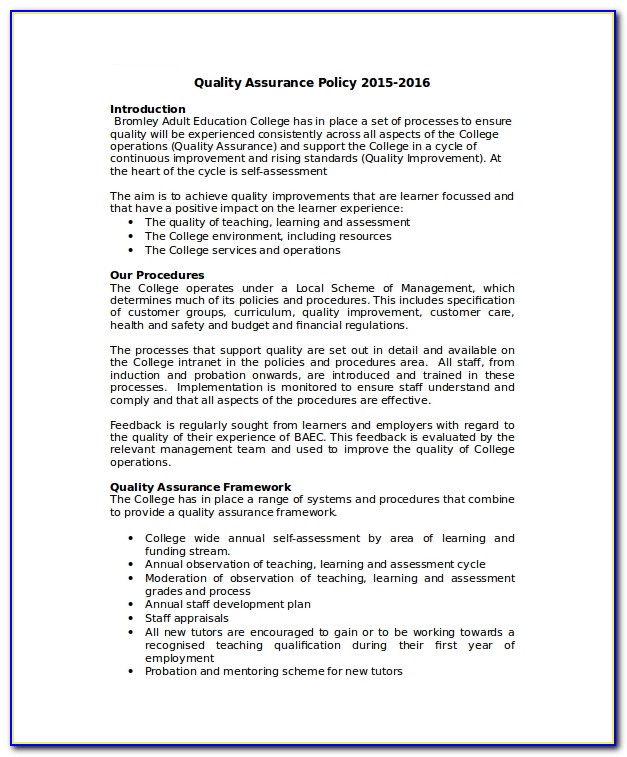 Quality Assurance Policy Template Uk