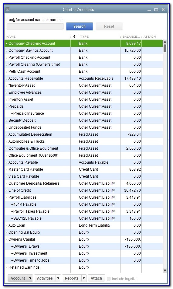 Quickbooks Chart Of Accounts Template