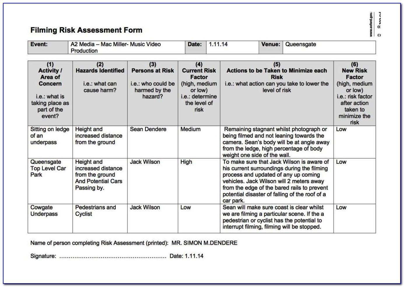 Video Production Risk Assessment Template