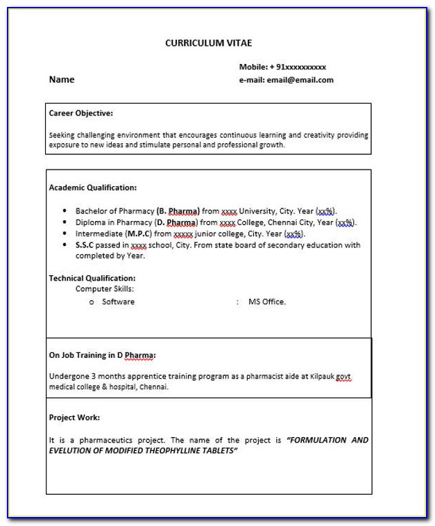 B Pharmacy Resume Format For Freshers Pdf