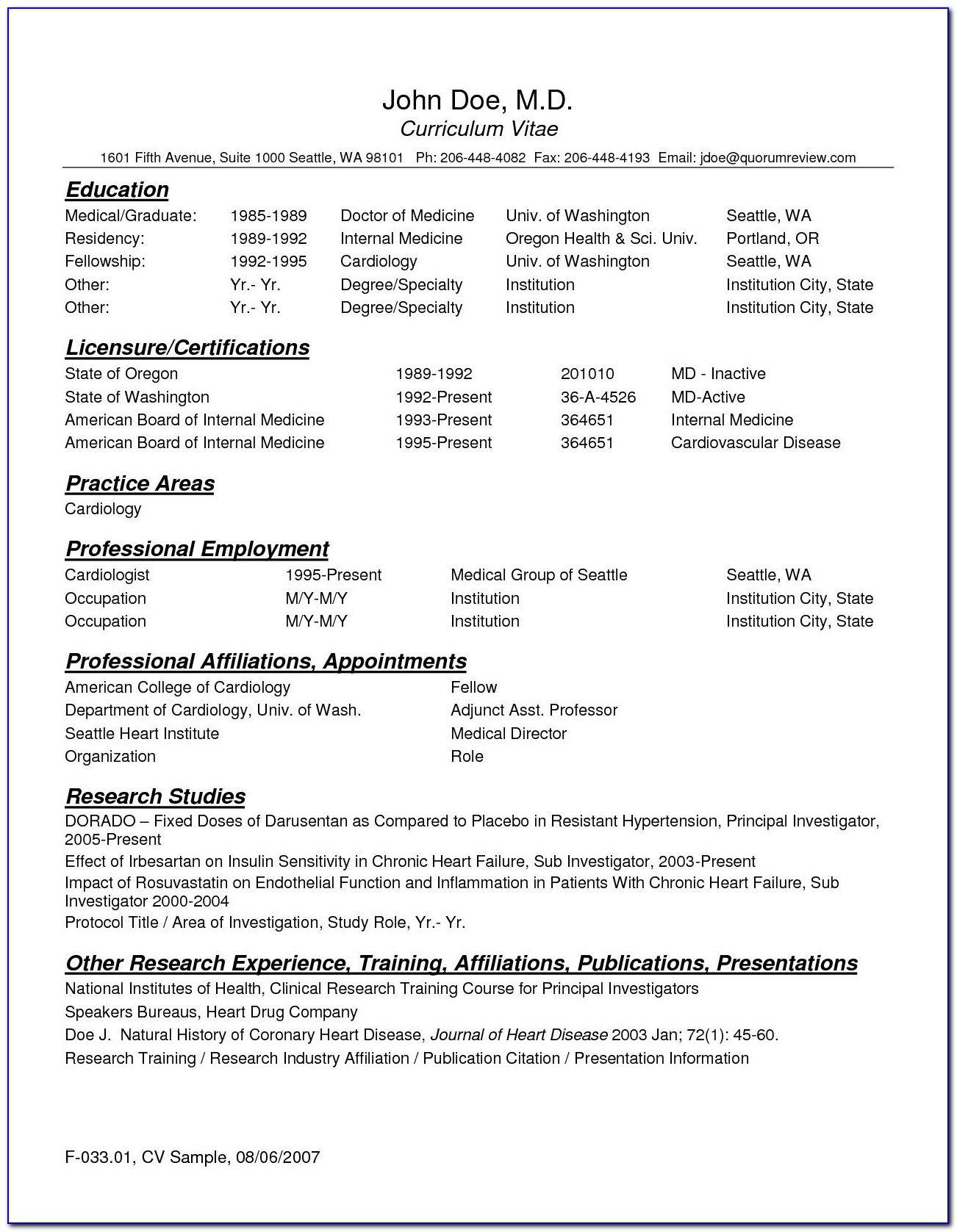 Curriculum Vitae Sample For Physician Assistant