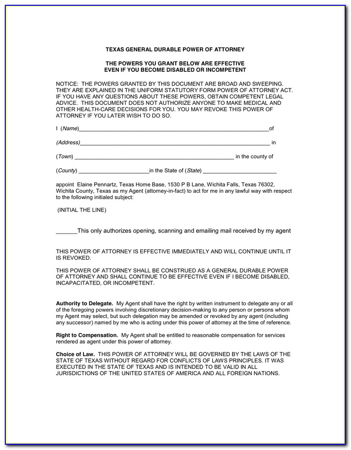 Medical Power Of Attorney Texas Sample