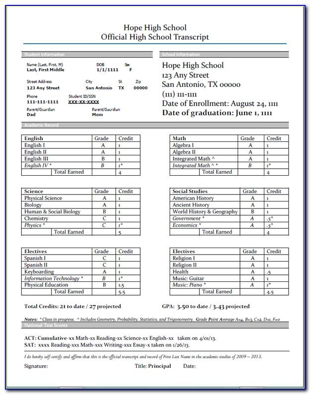 Official High School Transcript Form