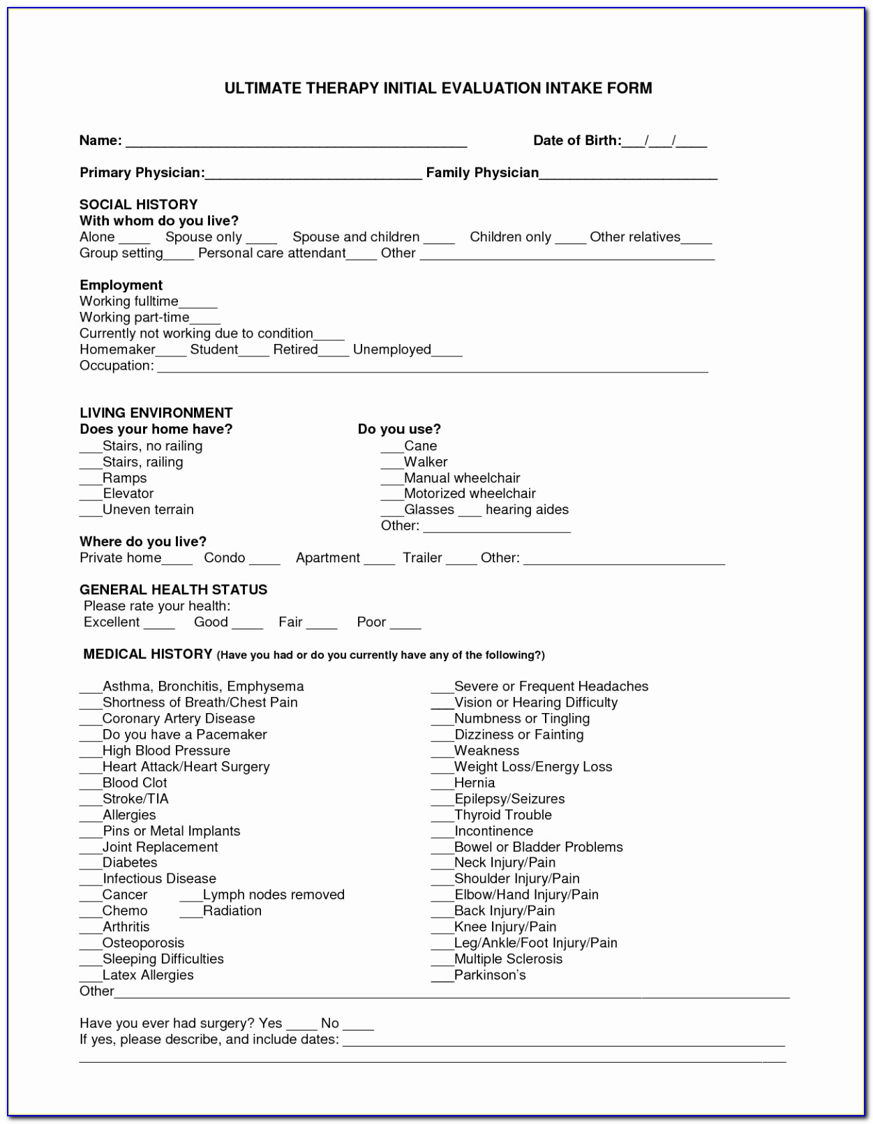 Pediatric Physical Therapy Evaluation Forms