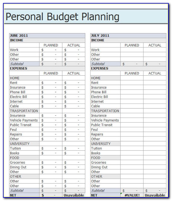 Personal Budget Forms Free