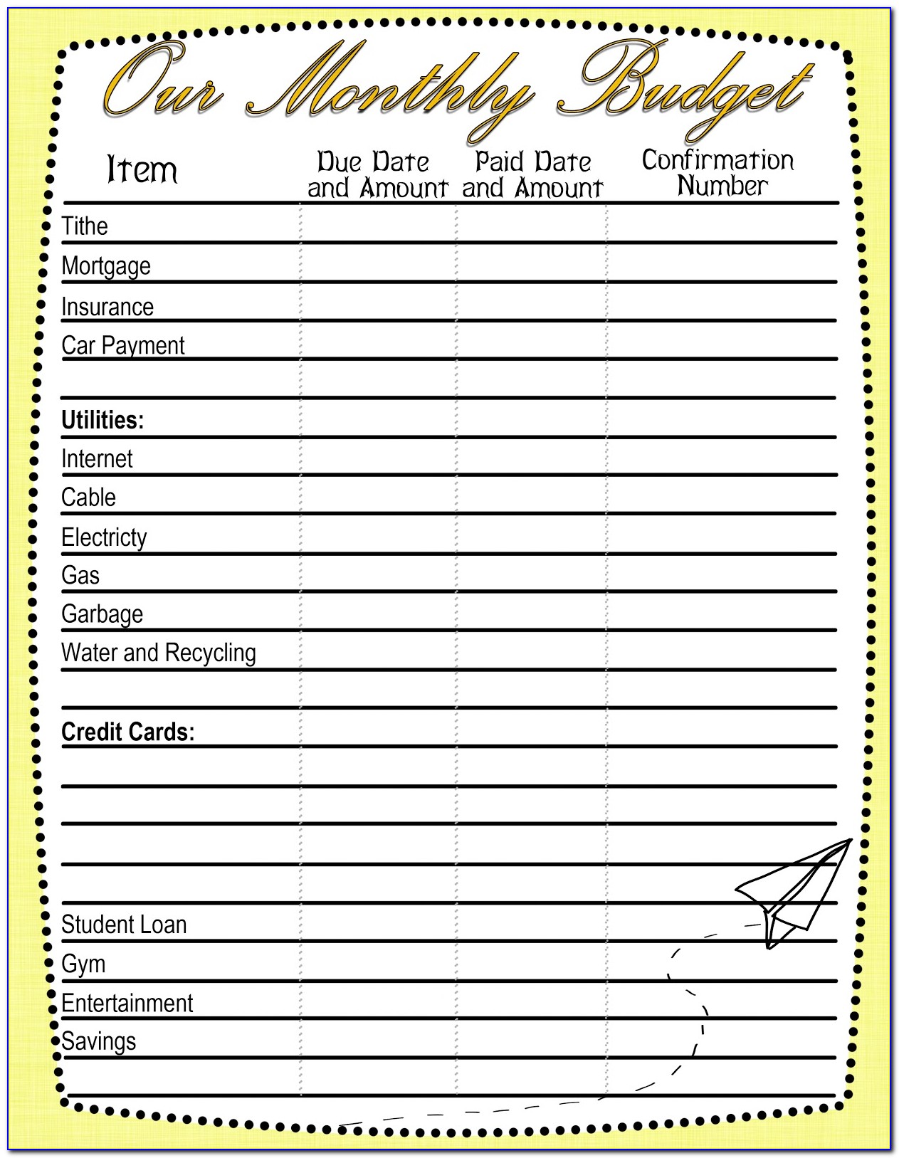 Personal Budget Forms Printable