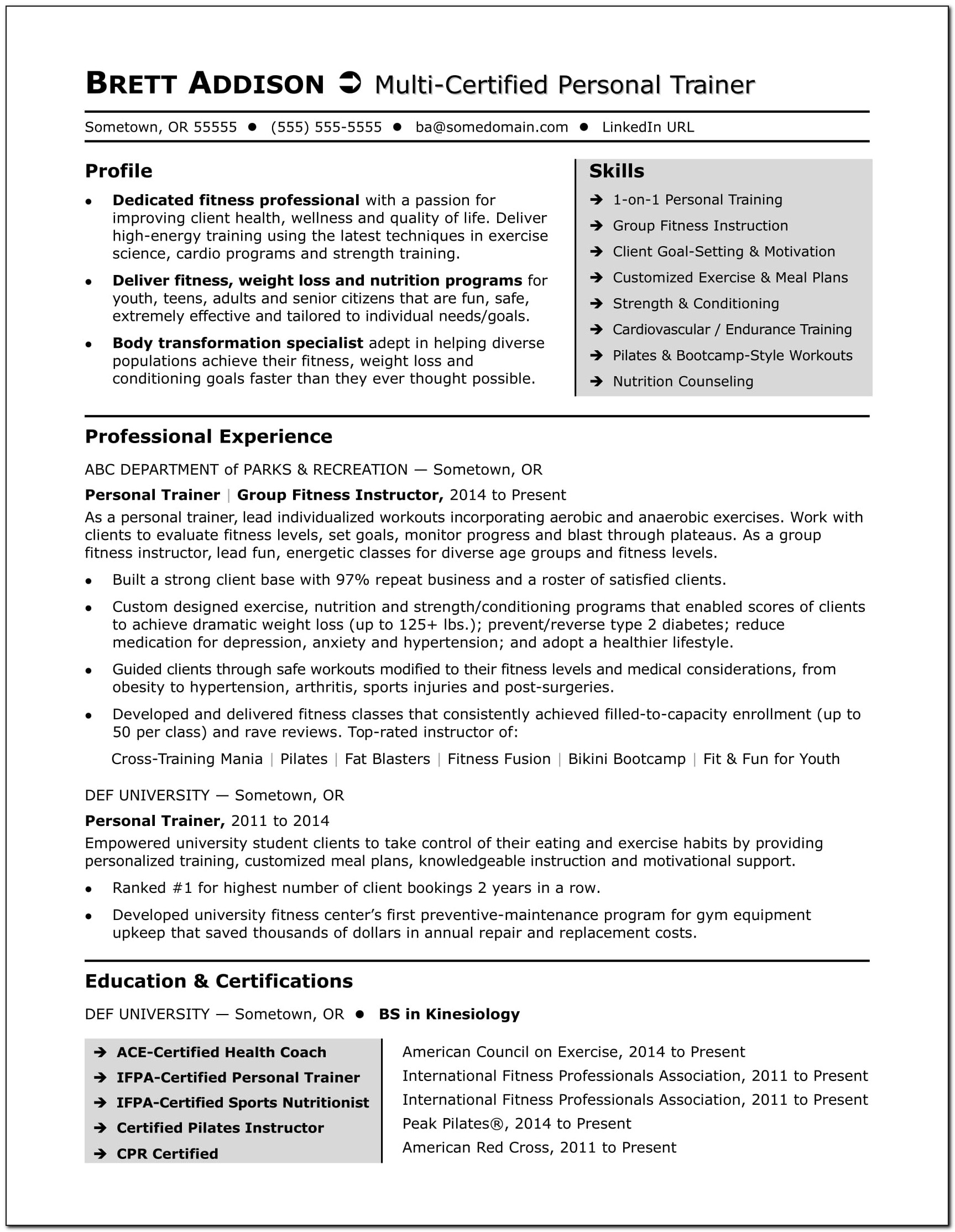 Personal Trainer Resume Templates Free