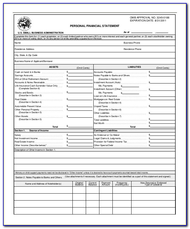 Sba Personal Financial Statement Template Excel