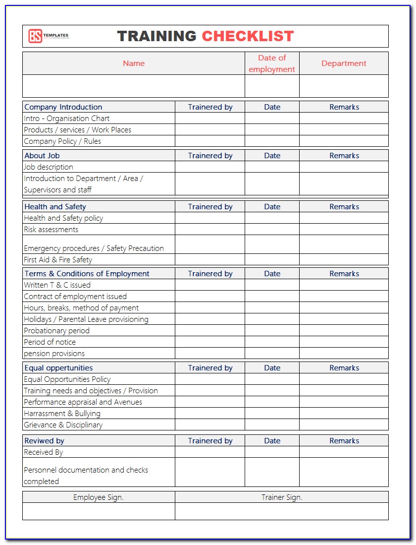 Employee Training Checklist Template Excel Free