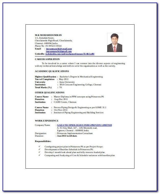 Mechanical Engineering Fresher Resume Format Doc